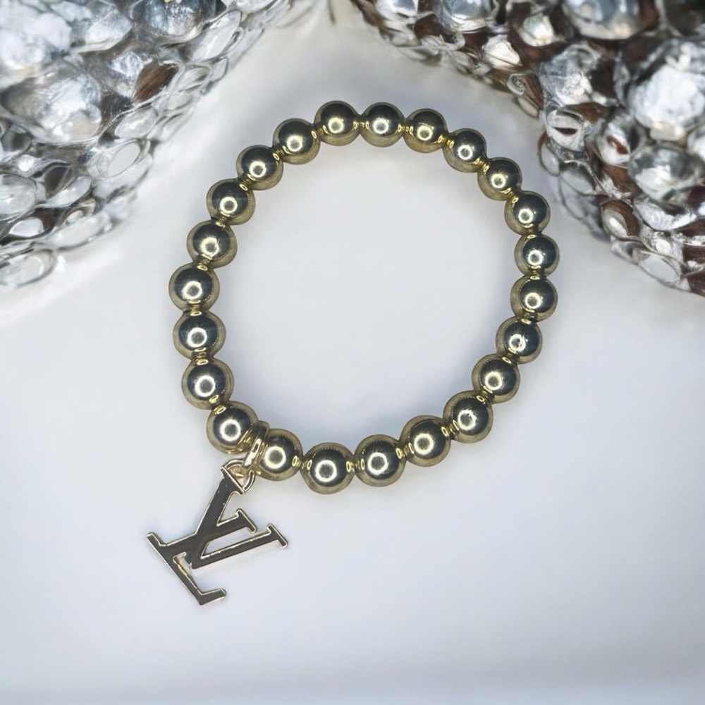 Gold Stamped Louis Vuitton Charm on a 8mm Beaded Bracelet - Picture 4 of 6
